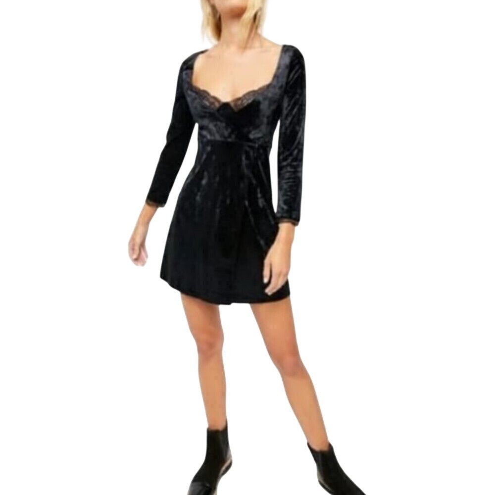 FREE PEOPLE XS Kat Long Sleeve Faux‎ Wrap Velvet Mini Dress Whimsigoth Witchy